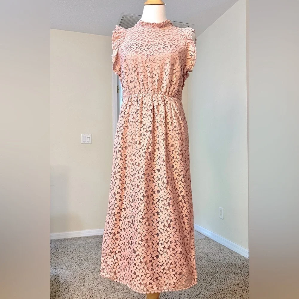 Kate Spade Flora Lace Ruffle Dress Pink Midi Sundress barbie crochet ruffle 8